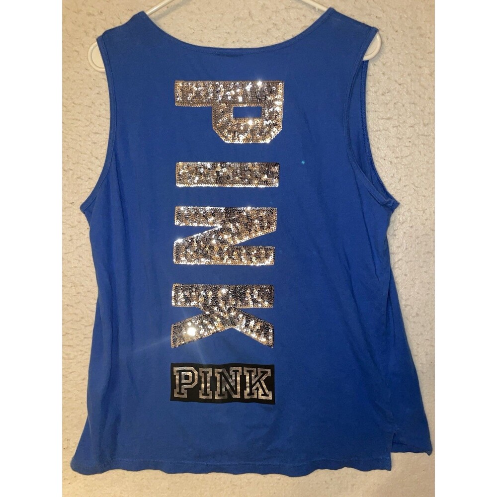 Victoria's Secret PINK L Blue Sequin Back Logo Pocket Tank Top Sleeveless Shirt